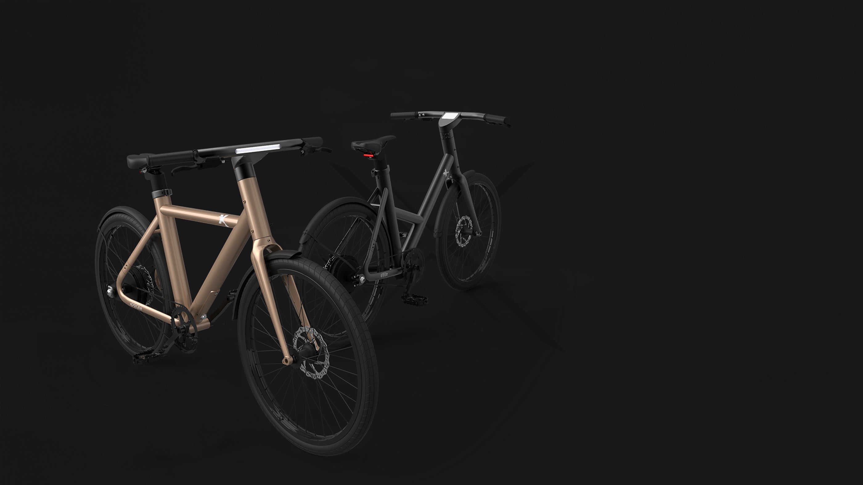 Exxite Next and Next Step electric bicycles with a dark background