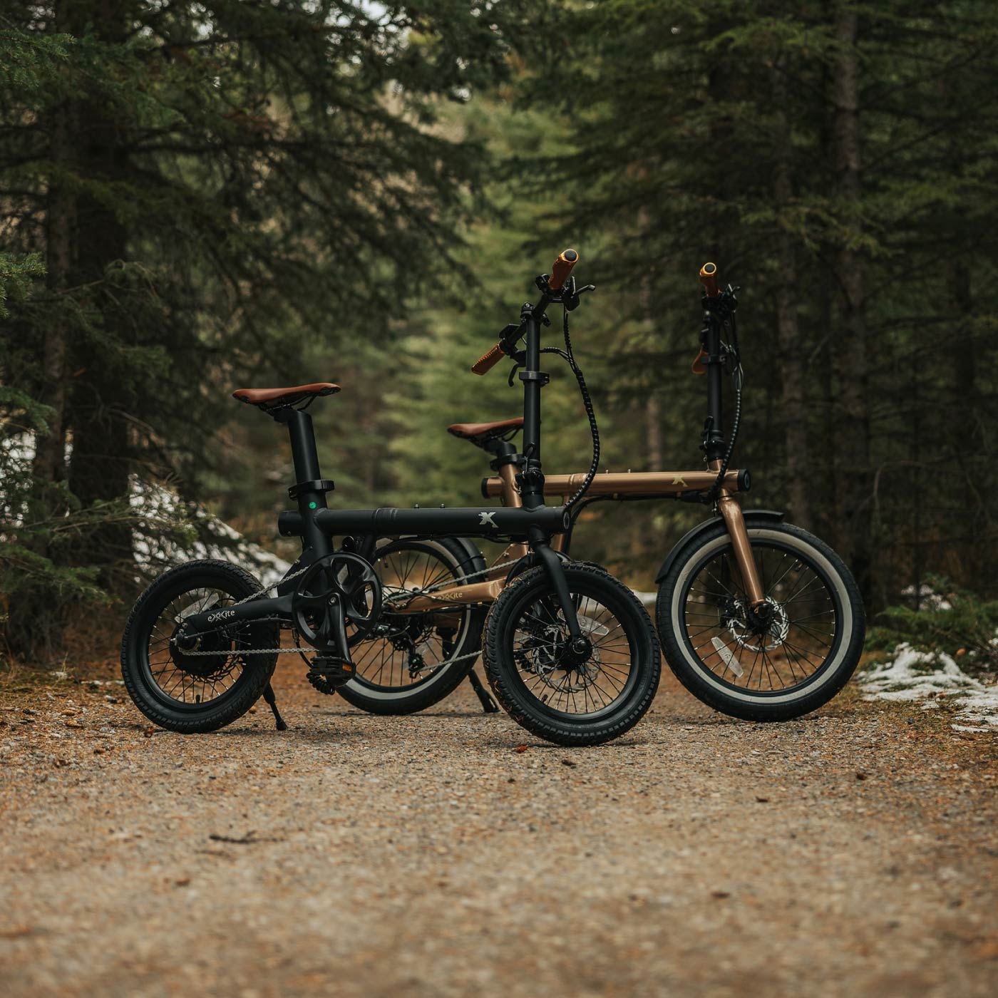XS and XXS folding electric bikes in a forest road